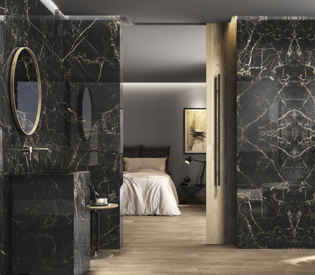 Luxury bathroom with dramatic black and gold marble porcelain tile walls